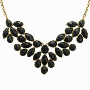 Black Faceted Gemstone Statement Necklace with Gold Tone Chain
